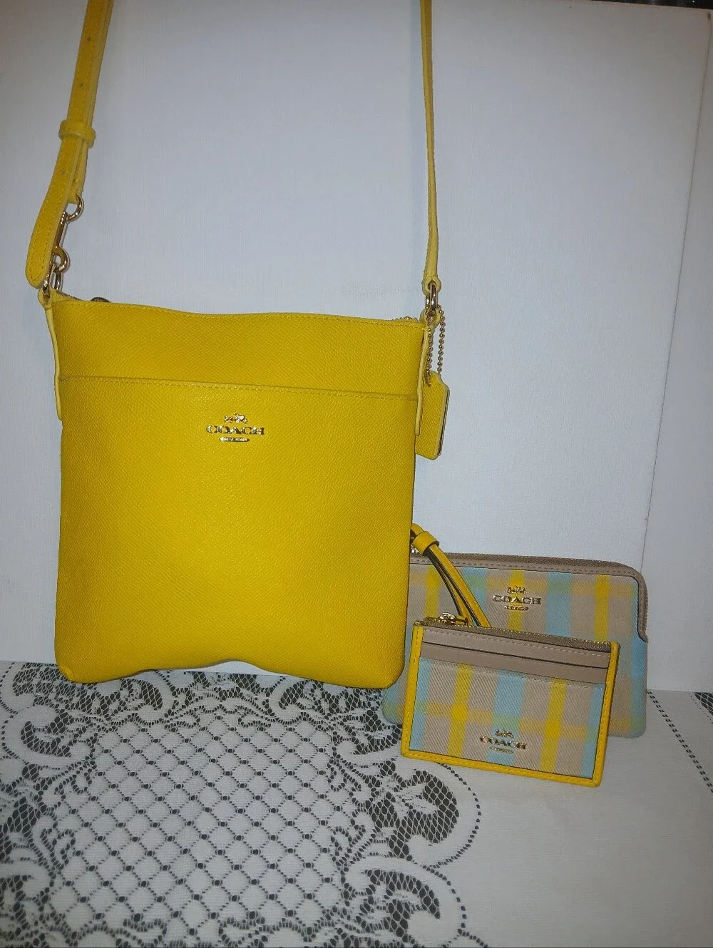 COACH Yellow Crossbody Bag with Plaid Wallet and Card Case